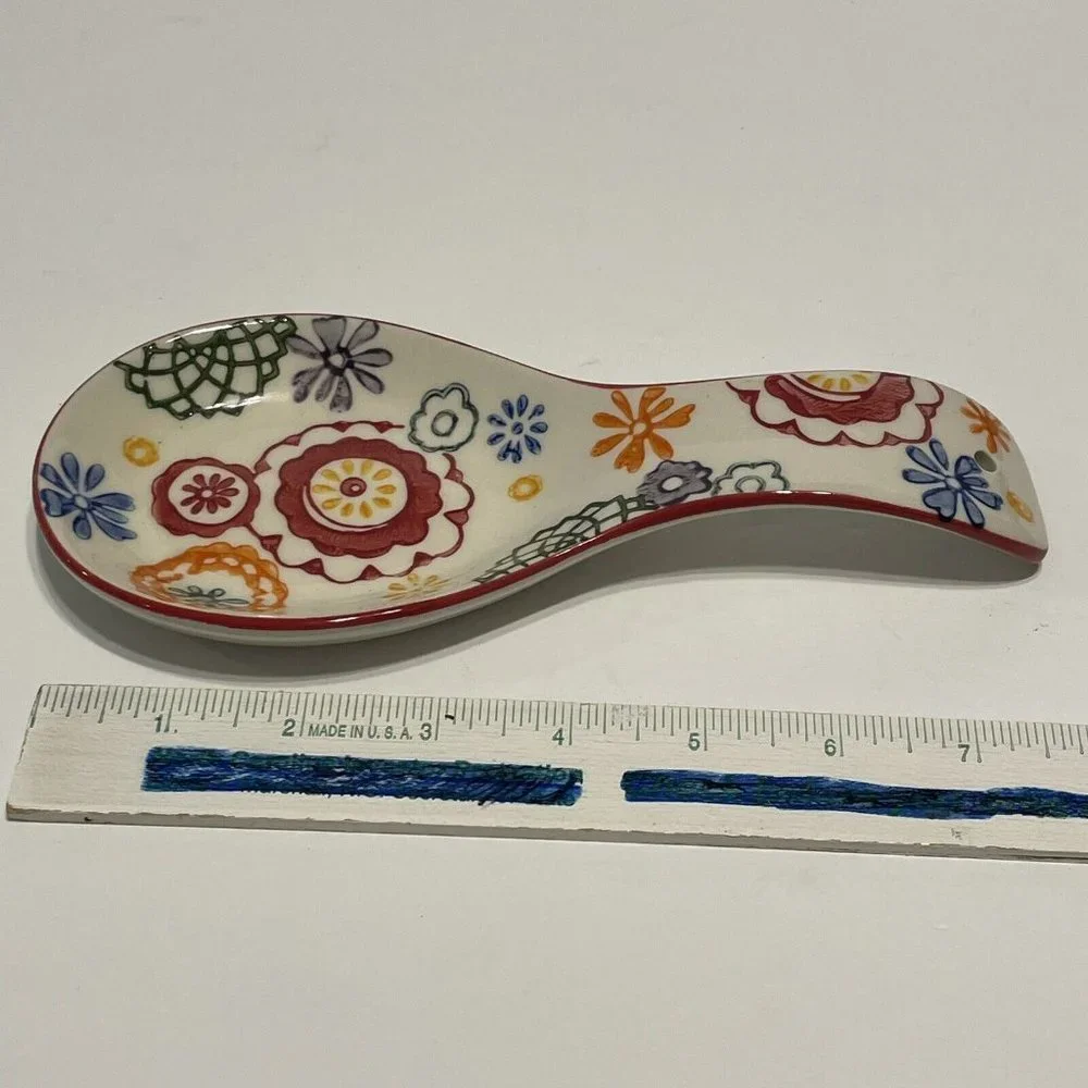 Pier 1 Imports Colorful, Hand Painted Floral 8” Stoneware Spoon Rest VTG